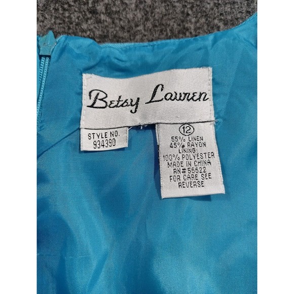 Vintage Betsy Lauren Linen Dress Turquoise Embroidered Flowers Size 12 Lined - Picture 6 of 7